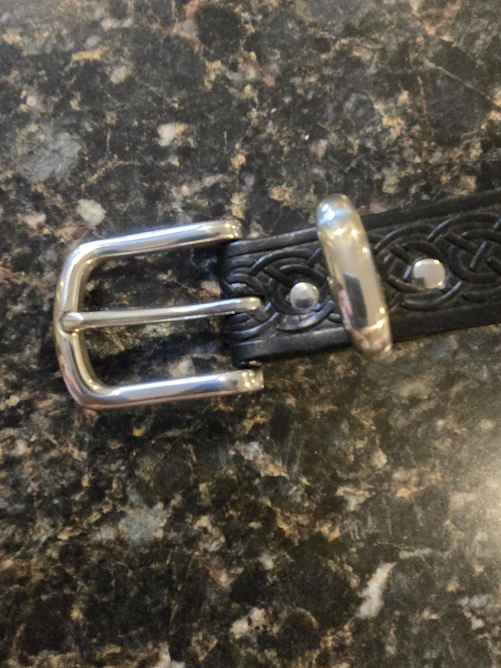 Made in Ireland Celtic Knot Bonded Leather Belt XL Silver Buckle Black